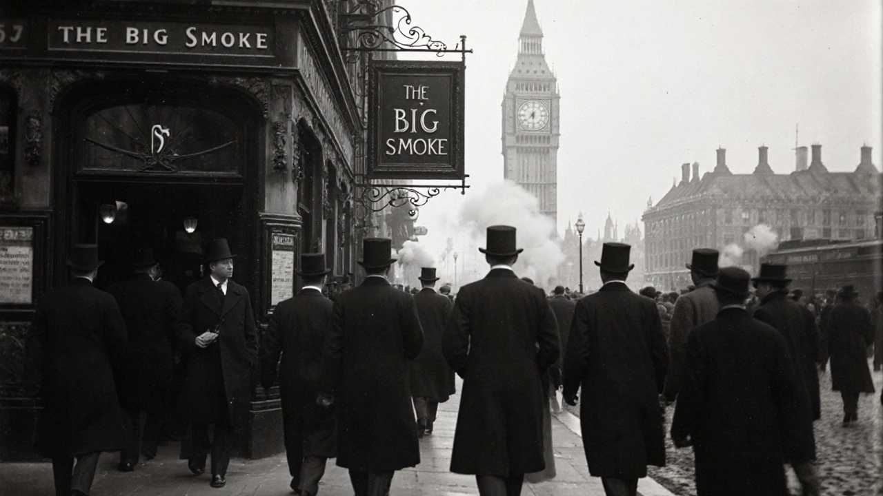 1920s Londoners walking through smoggy streets with a pub sign reading 'The Big Smoke'.