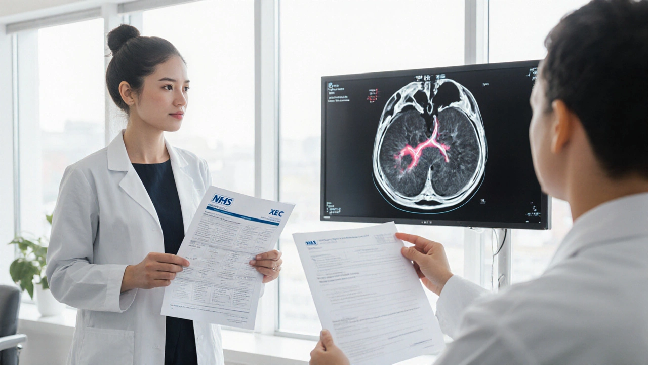 A patient in a clinic viewing an MRI scan with a doctor, holding an NHS XEC assessment form.