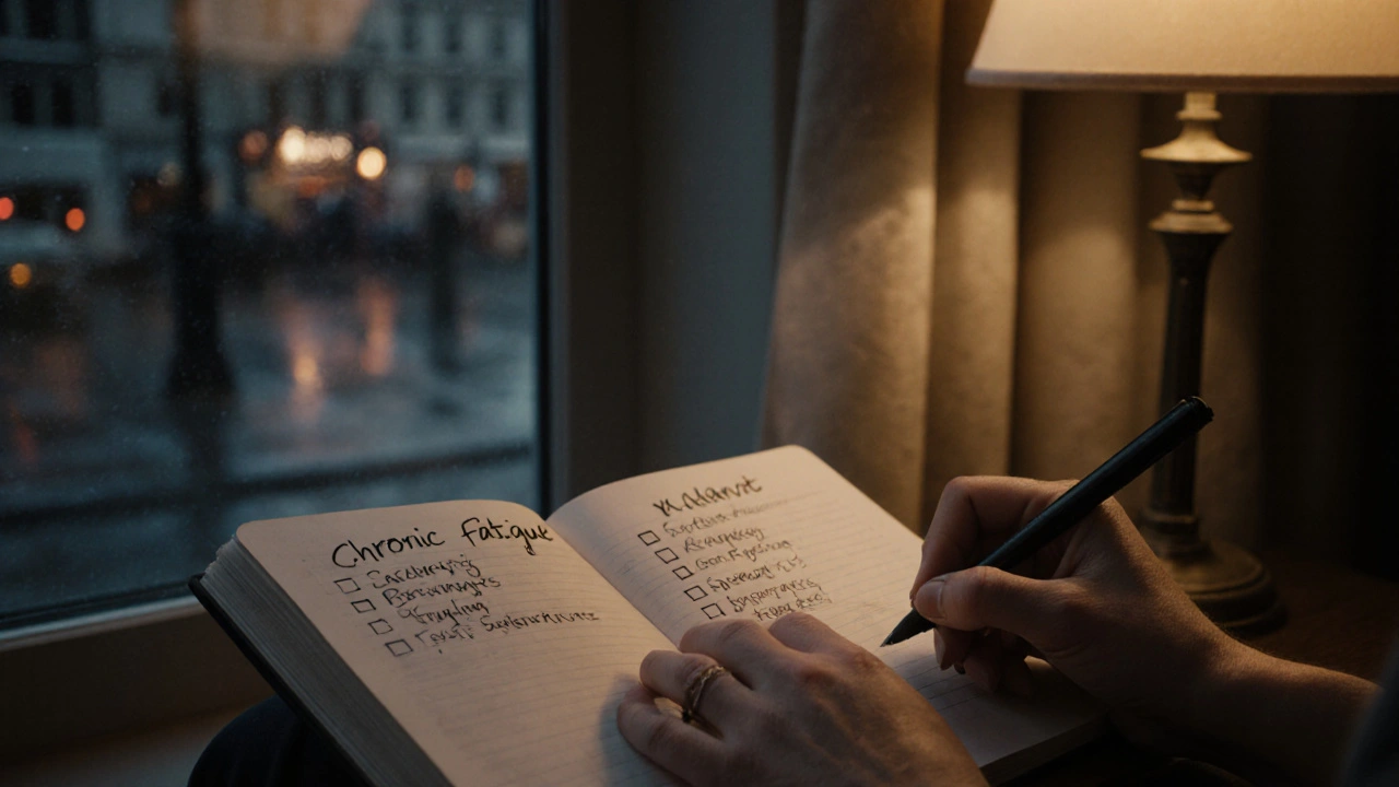 A person writing down symptoms of XEC in a journal under soft lamplight.