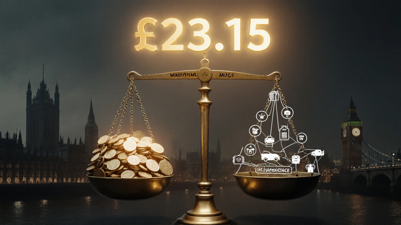 A scale balances minimum wage against essentials, sinking into darkness while £13.15 glows above.