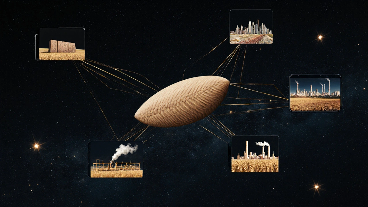 A single seed spawning the evolution of civilization into modern cities and technology.