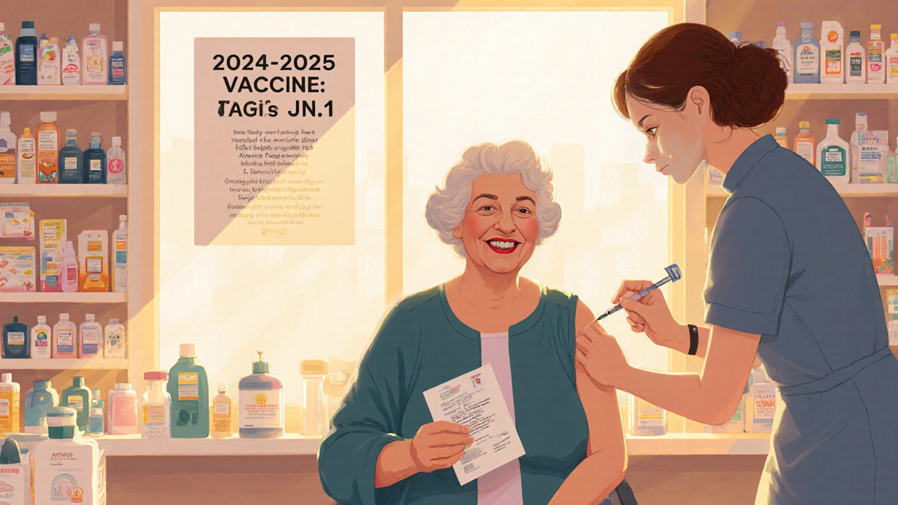 An elderly woman getting a Covid booster shot at a London pharmacy, smiling, with vaccination card in hand.