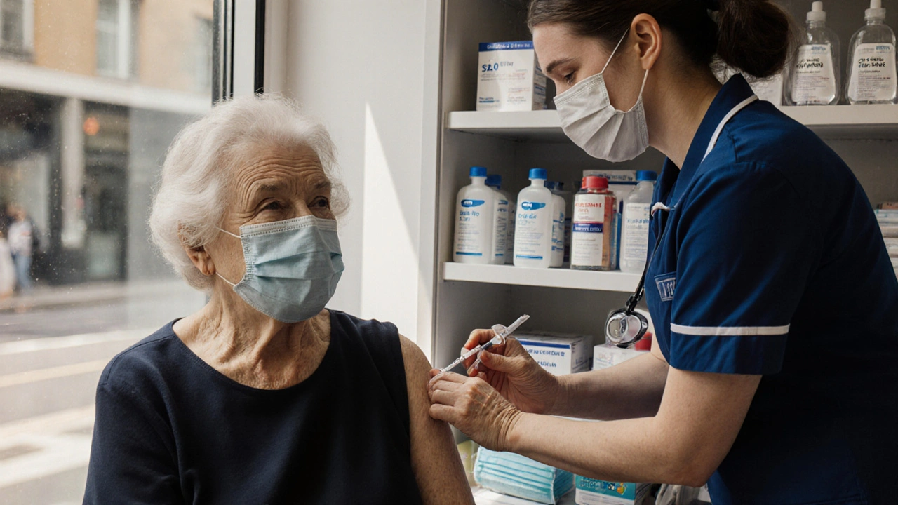 An elderly woman getting a COVID booster shot at a London pharmacy with tests and masks in view.