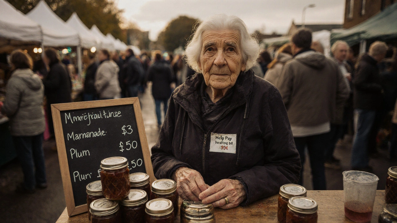 An elderly woman selling homemade jam at a Bristol farmers' market to pay her heating bill.