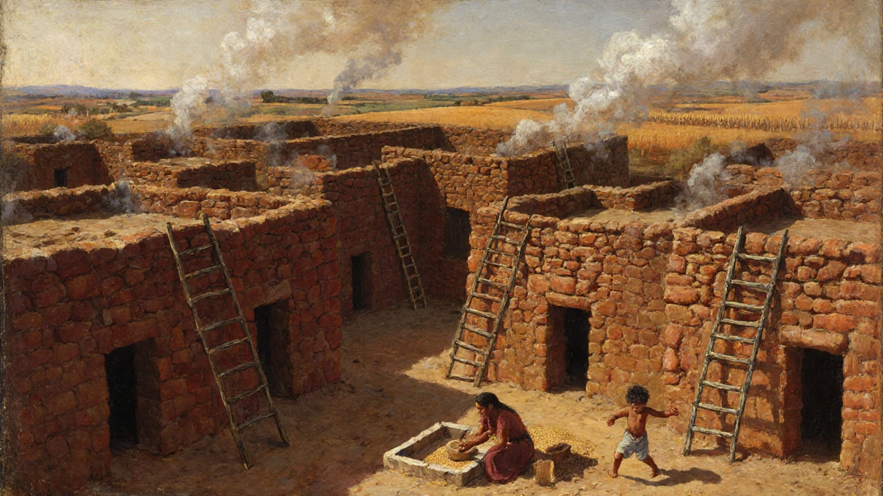 Ancient settlement of Çatalhöyük with mud-brick homes and grain grinding.