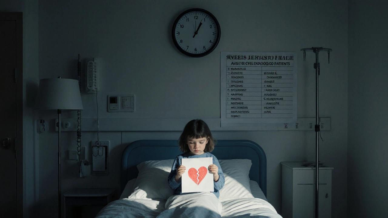 Child in mental health ward holding drawing, clock showing 27-week wait.