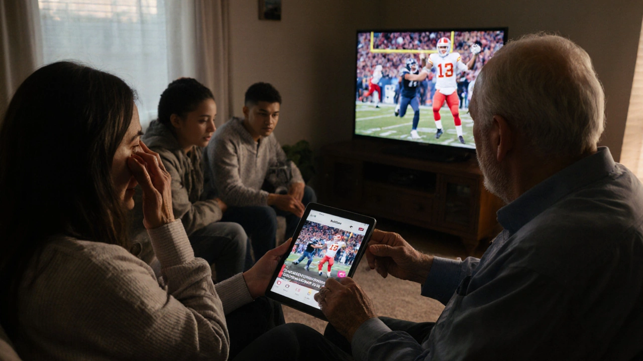 Diverse group watching a viral storm rescue video on a tablet, with NFL highlights on TV in background.