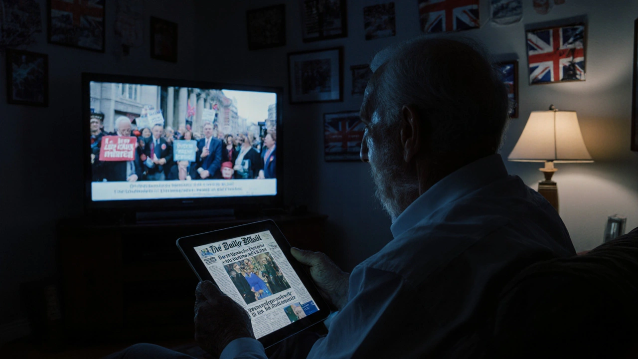 Elderly man reading Daily Mail on tablet, reflection shows news clips, family photos and Union Jack on wall.