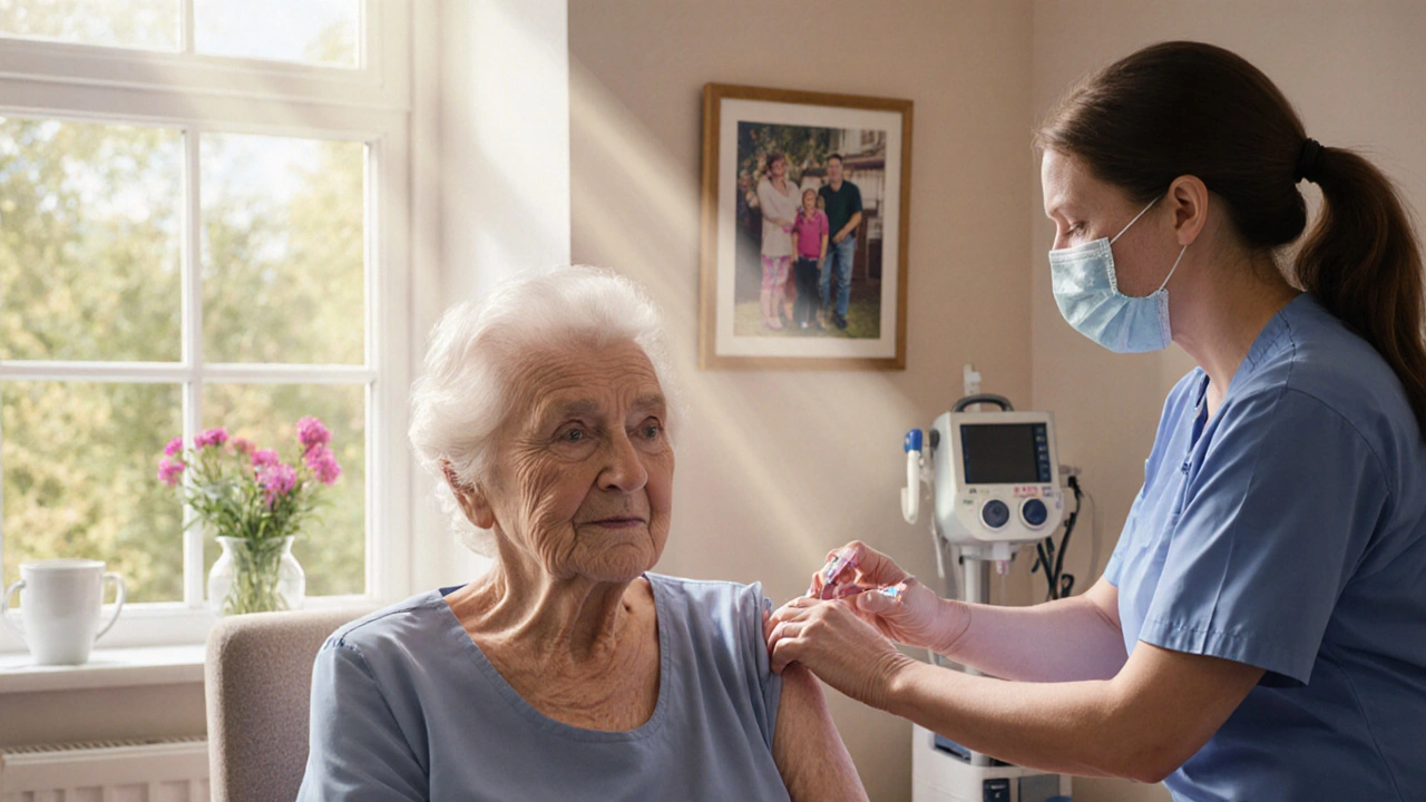 Elderly woman receiving a COVID booster shot in a care home with sunlight through a window.