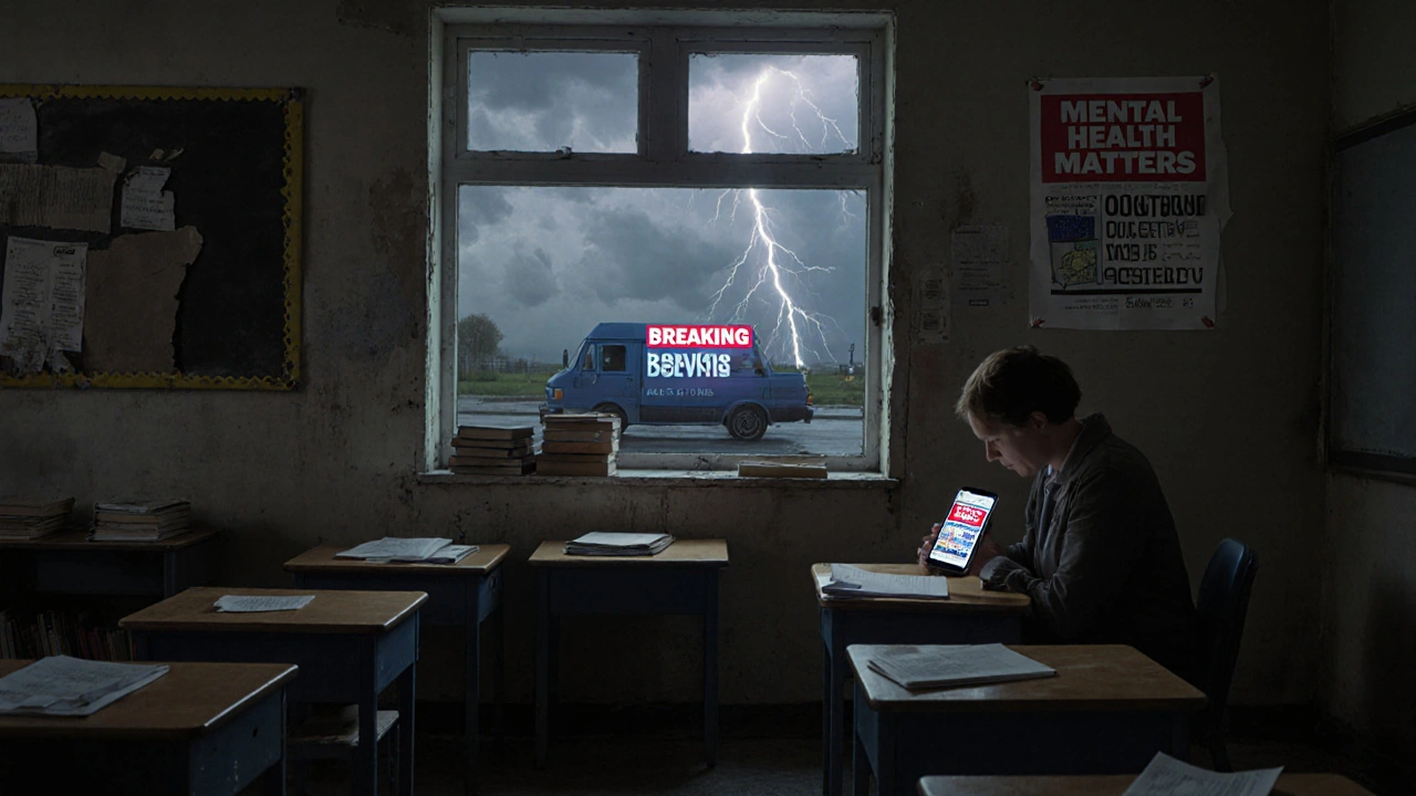 Empty classroom with peeling mental health poster, storm outside, teacher staring at phone.