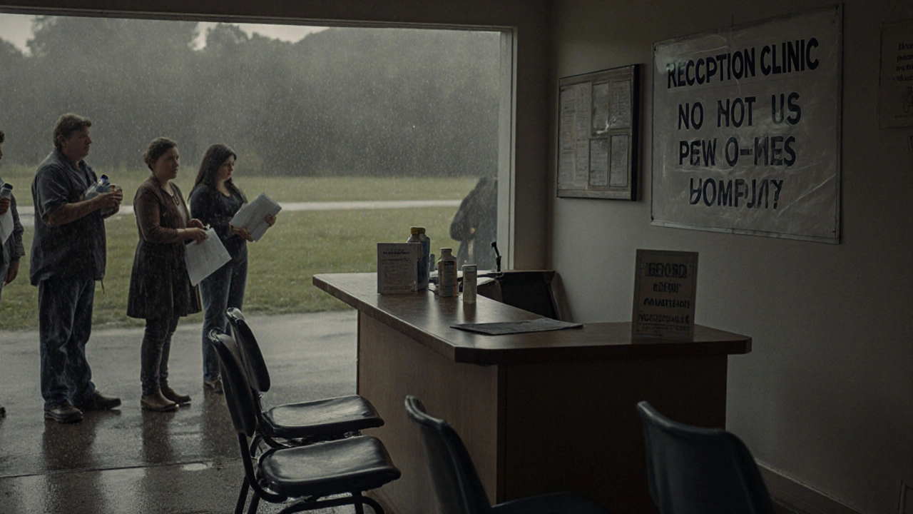 Empty GP waiting room with 'No New Patients' sign and people waiting outside in rain.