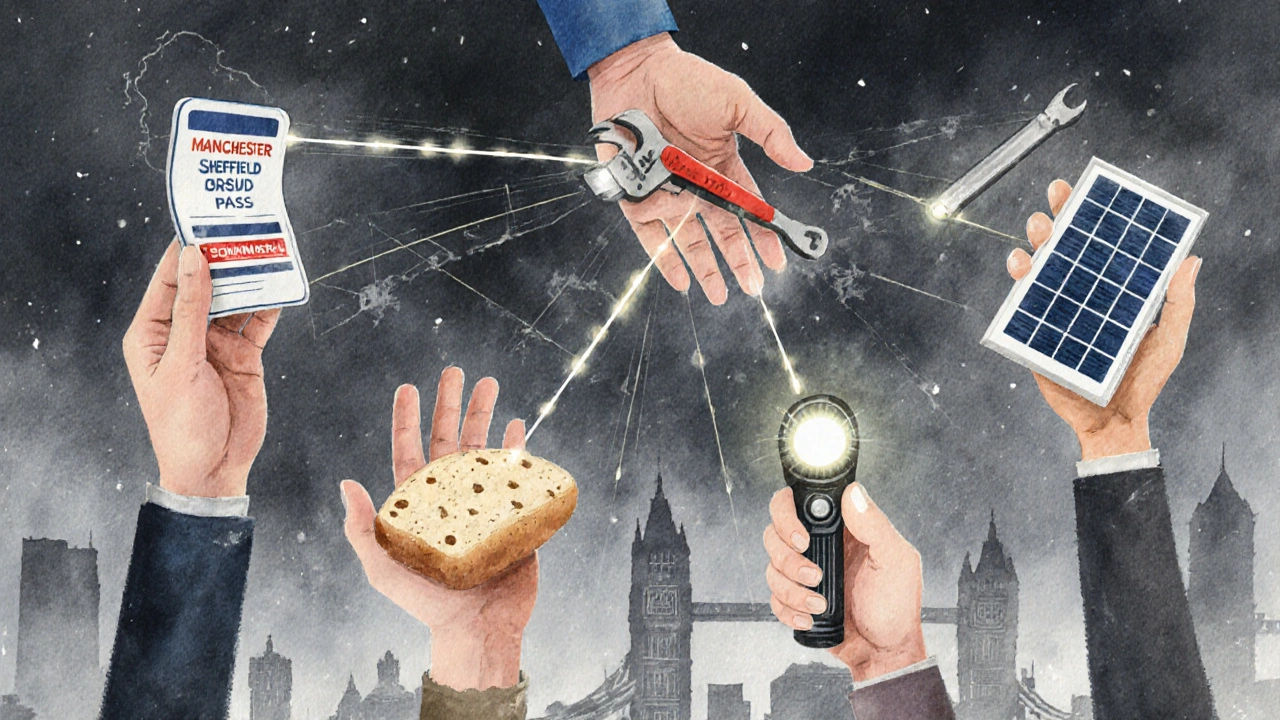 Interconnected hands across UK cities holding symbols of community resilience like bus passes and solar panels.