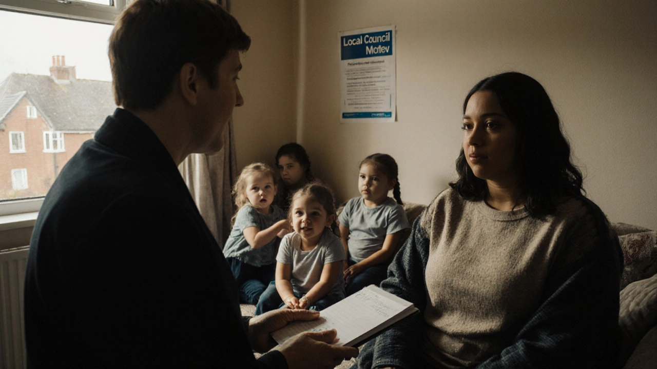 Journalist interviewing a resident in a UK housing estate.