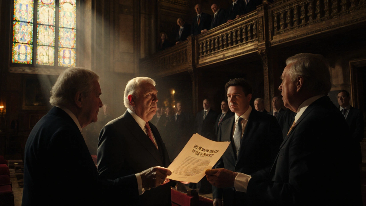 Lawmakers debate the UK News Reform Bill in the House of Lords under golden stained-glass light.