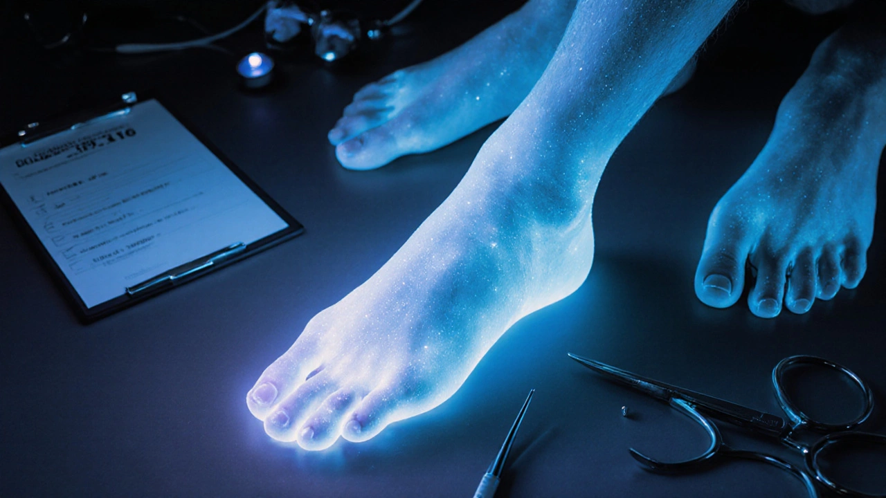 Man's foot glowing faintly blue under UV light, indicating rare skin reaction to variant.