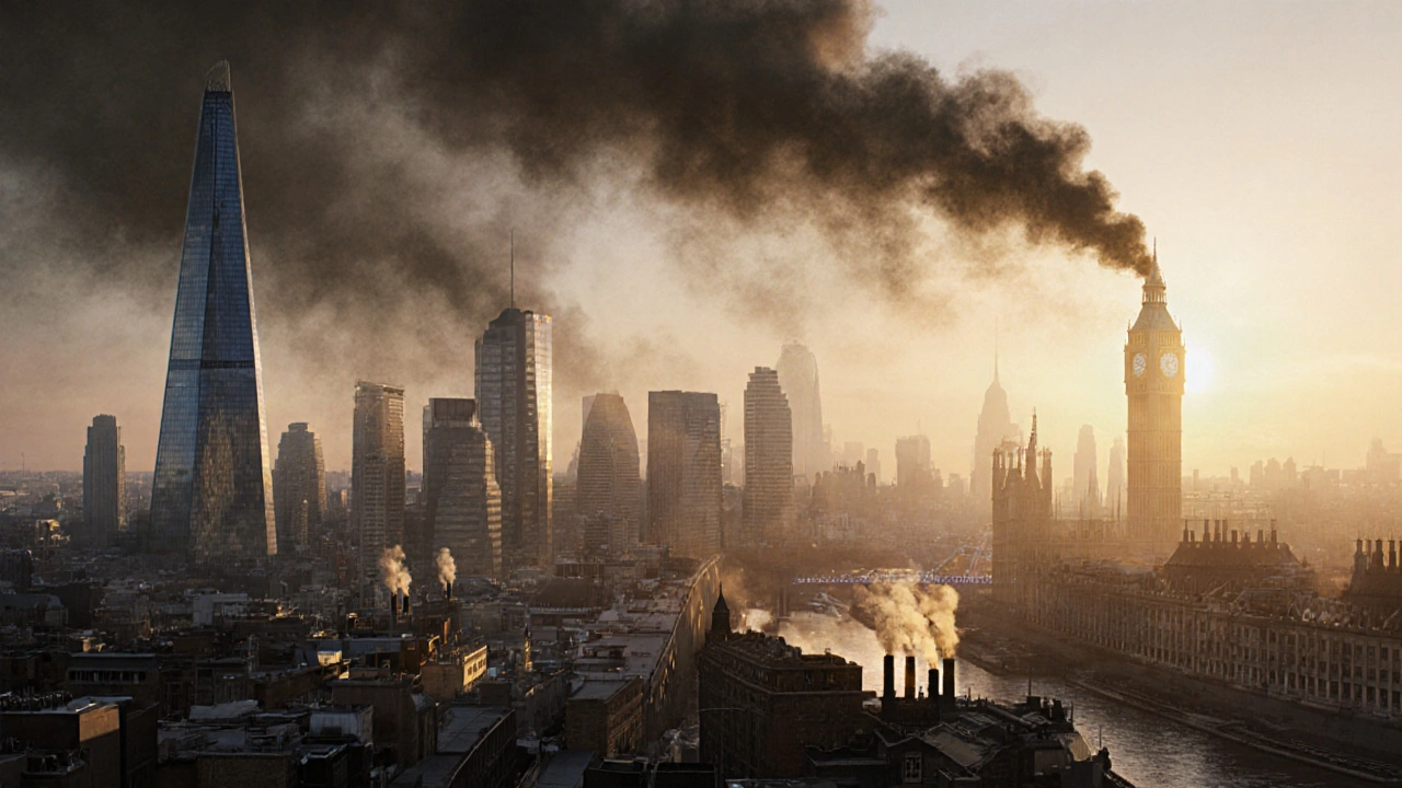 Modern London skyline with a ghostly haze of historical smoke lingering above the city.