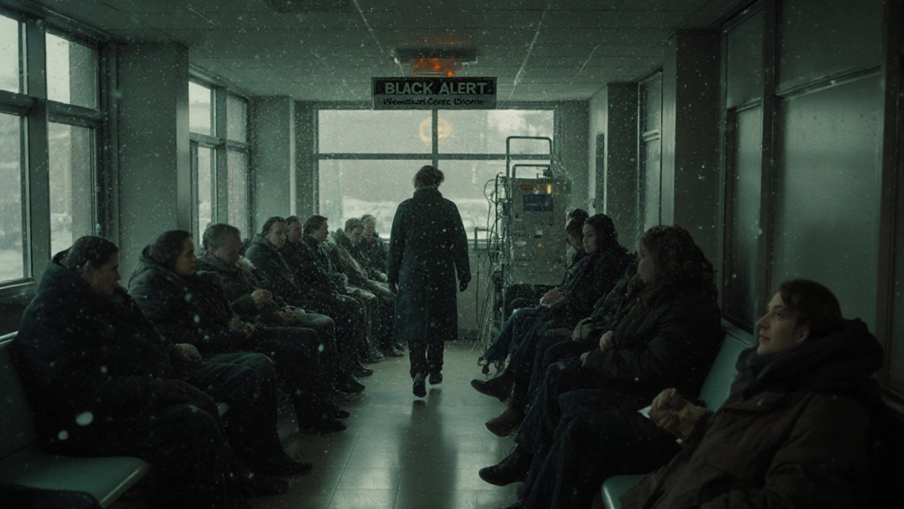 Overwhelmed hospital staff and patients in a crowded A&amp;E during a winter crisis.