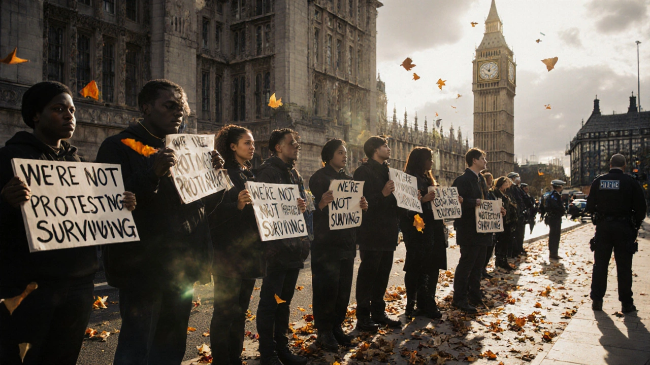Protesters standing silently in front of a government building with handmade signs in autumn light.
