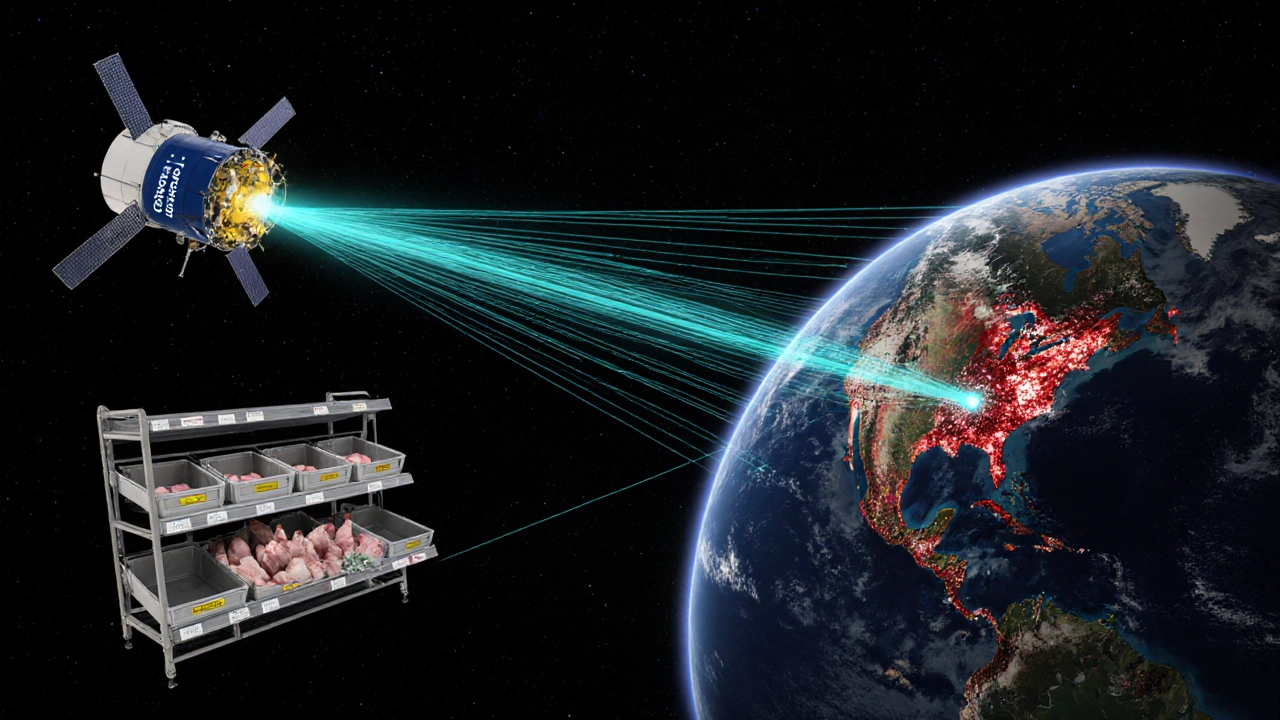 Quantum satellite linking London's energy grid, empty supermarket shelves, and toxic algae bloom in the North Atlantic.