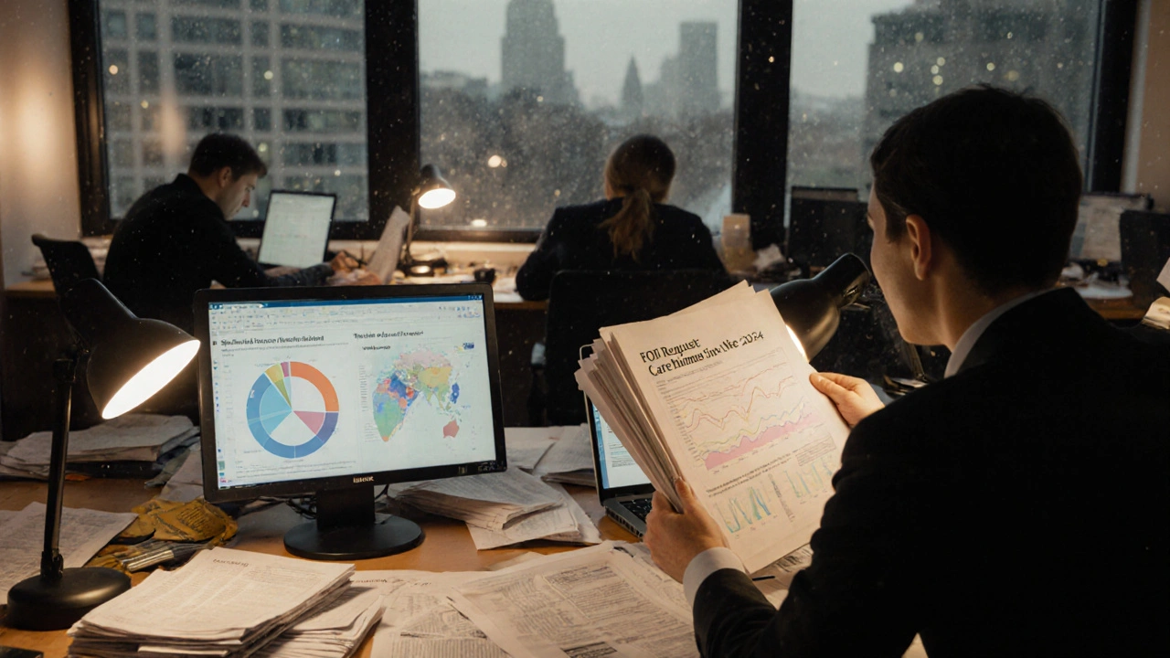 Reporters in a newsroom analyzing data maps and documents about NHS and housing issues.