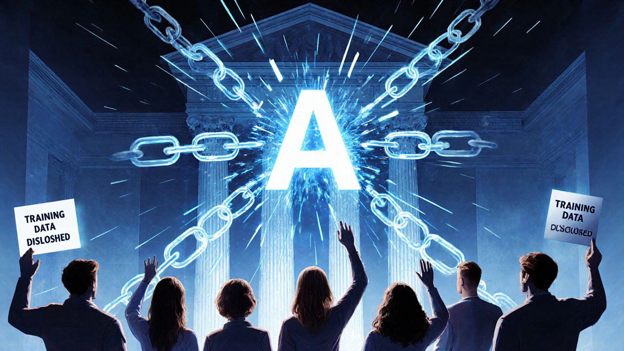 Shattering digital chains around a floating AI algorithm in a courtroom, citizens raising hands as transparency labels appear.