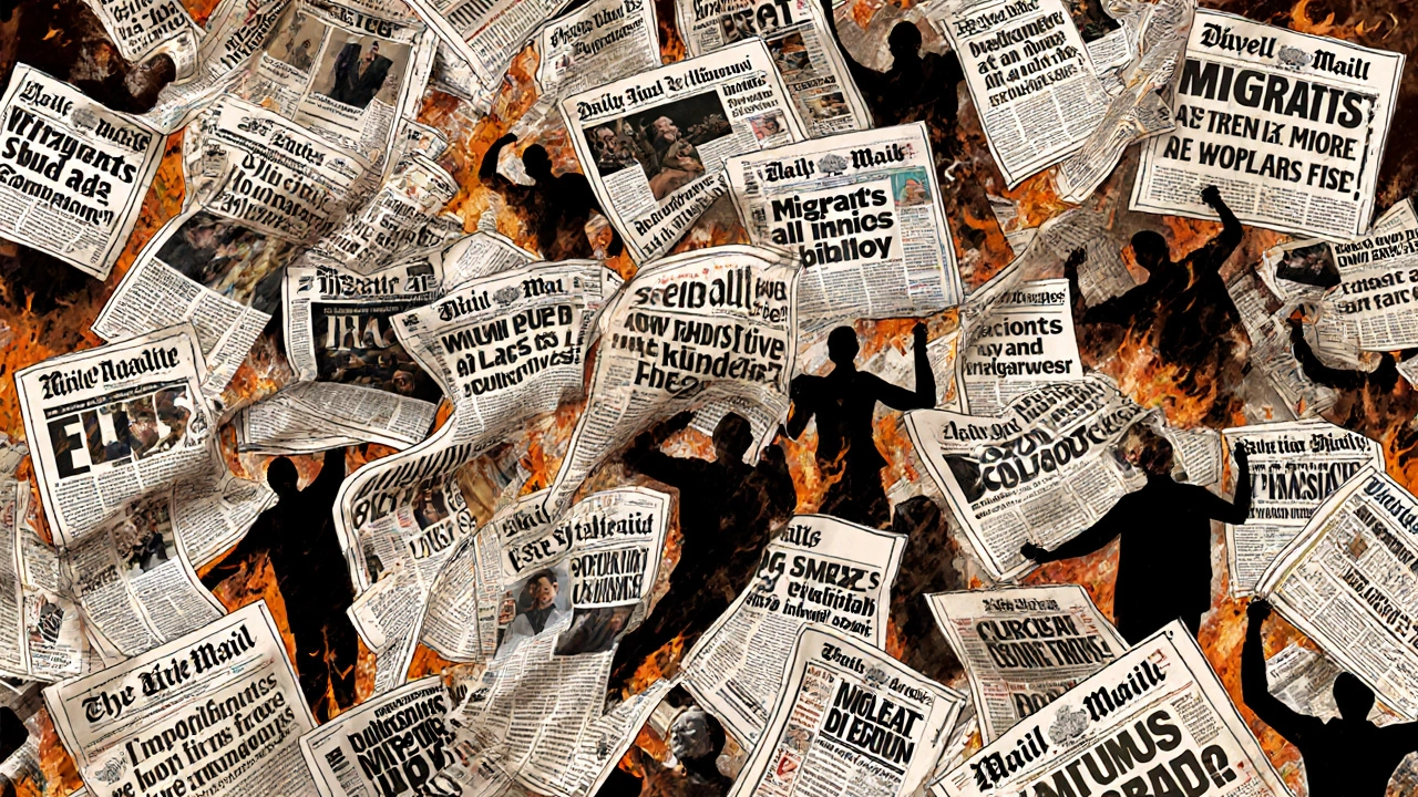 Storm of Daily Mail front pages with headlines about migrants and Brexit, silhouetted figures behind the chaos.
