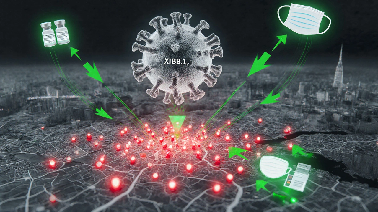 Transparent virus over London map with immunity symbols protecting vulnerable areas.