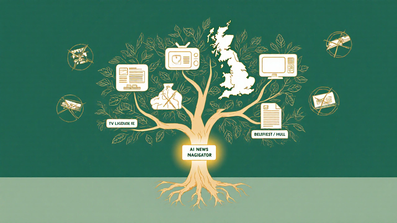 Tree with roots and branches symbolizing BBC News UK's public funding and regional coverage.