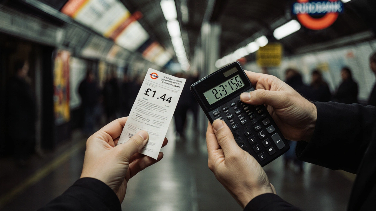 Two hands holding a low pay stub and a calculator showing the living wage, with food bank in background.