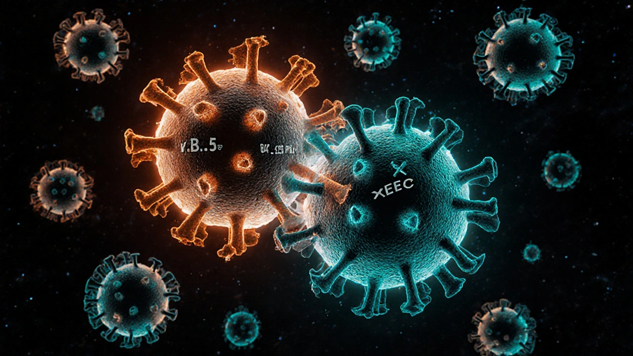 Two virus variants merging genetically with glowing spike proteins in a molecular abstract setting.