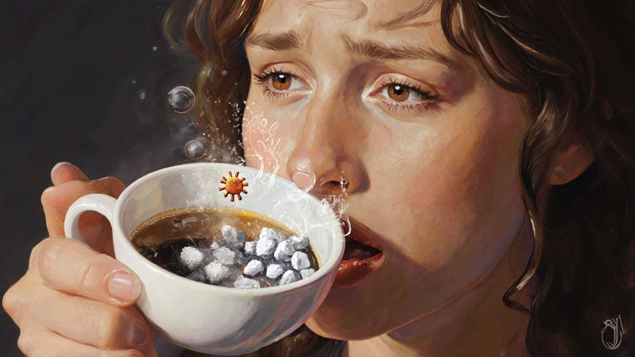 Woman drinking coffee that appears to turn to ash, symbolizing loss of sweet taste.