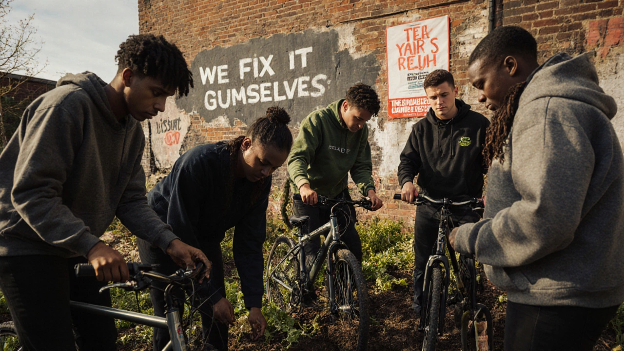 Young people plant vegetables and repair bikes in a community garden, embodying grassroots resilience.