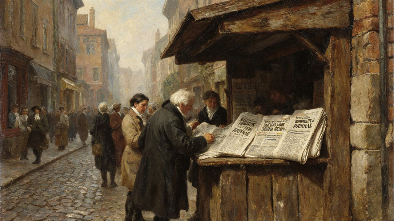 18th-century townspeople gathering around a newsstand reading the Berrow’s Worcester Journal.