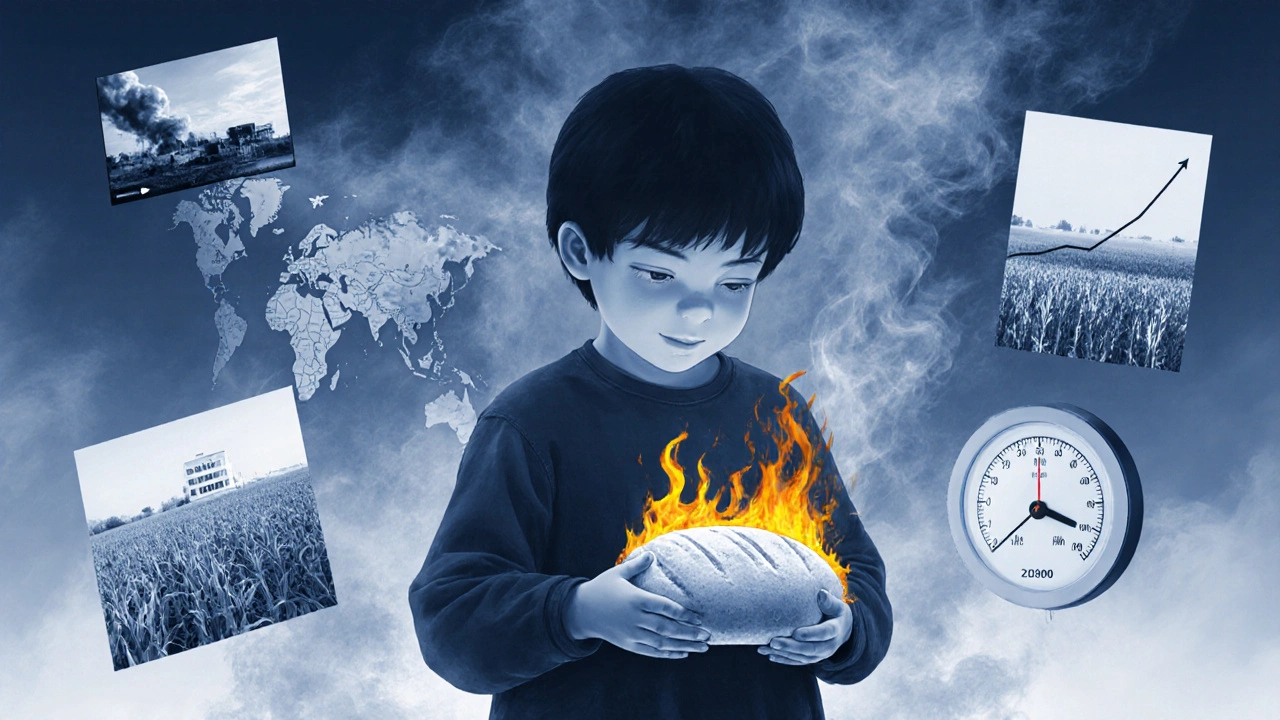 A child holds bread and a burning map, surrounded by symbols of war, hunger, and disinformation.