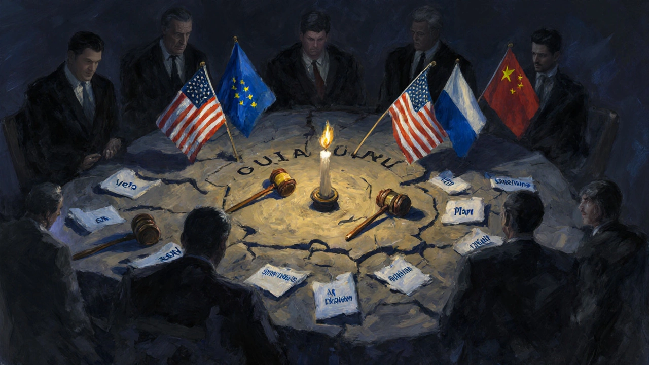 A crumbling table labeled &#039;Global Leadership&#039; with broken symbols and figures turning away in shadow.