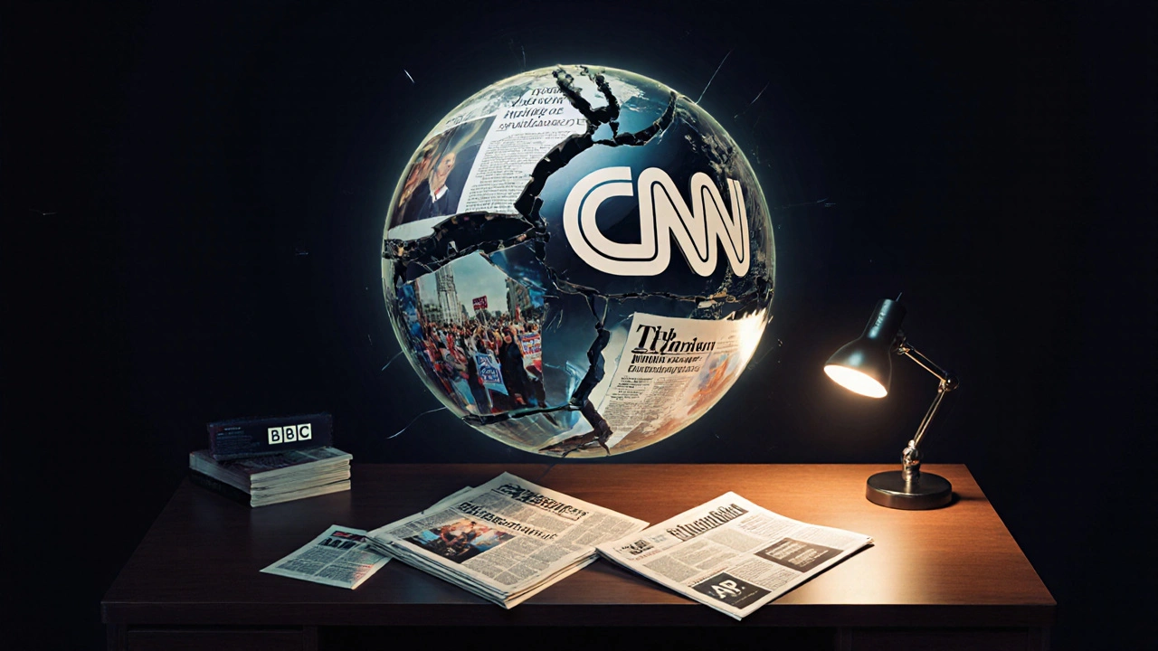 A fractured CNN globe floating above a desk, with reflections of false accusations, climate protests, and hidden corrections.