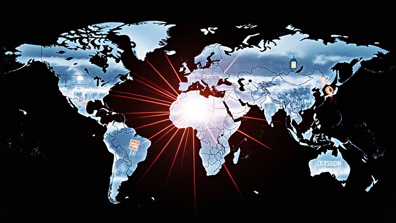 A global map with red lines radiating from Hiroshima to peace symbols and memorials worldwide.