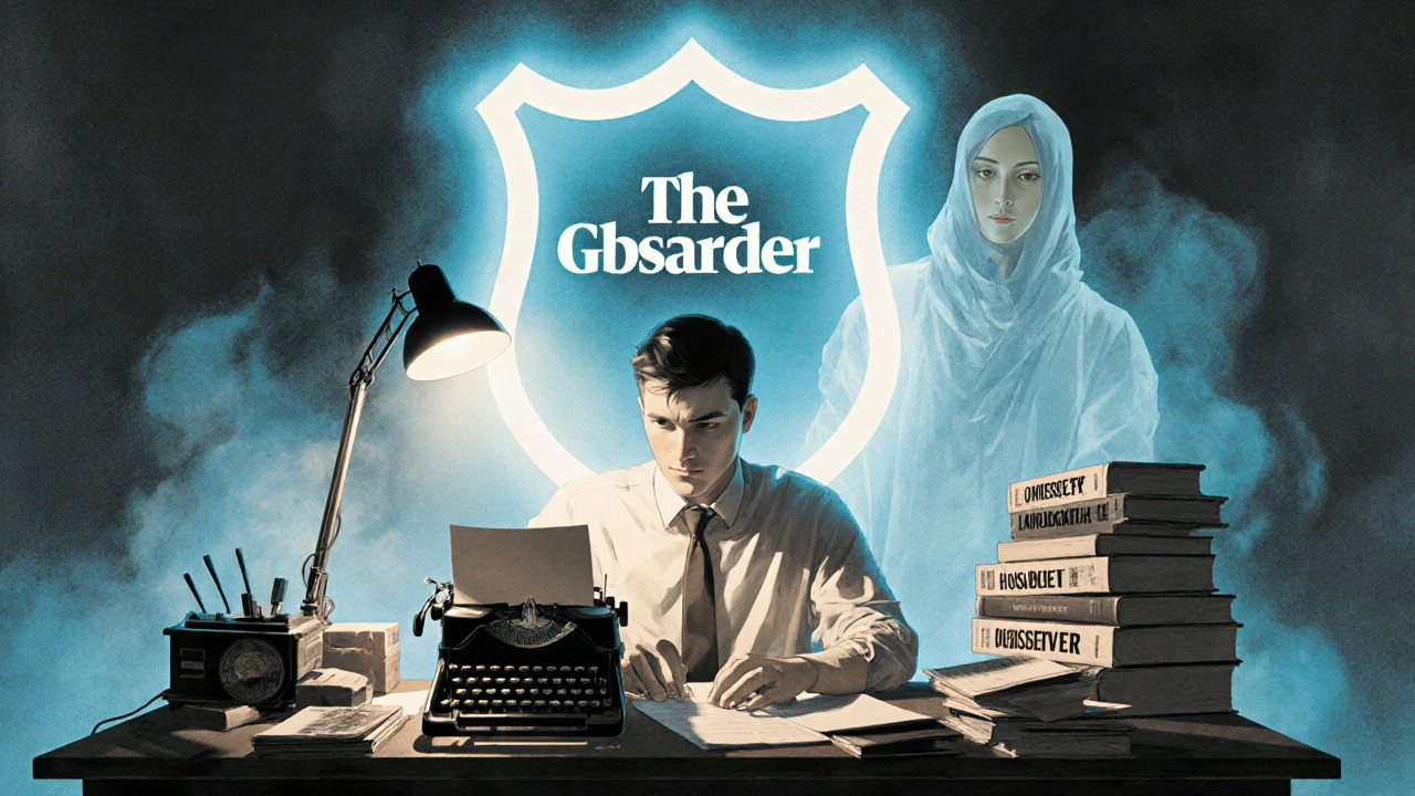 A journalist typing as the ghost of C.P. Scott watches, with The Observer fading away.