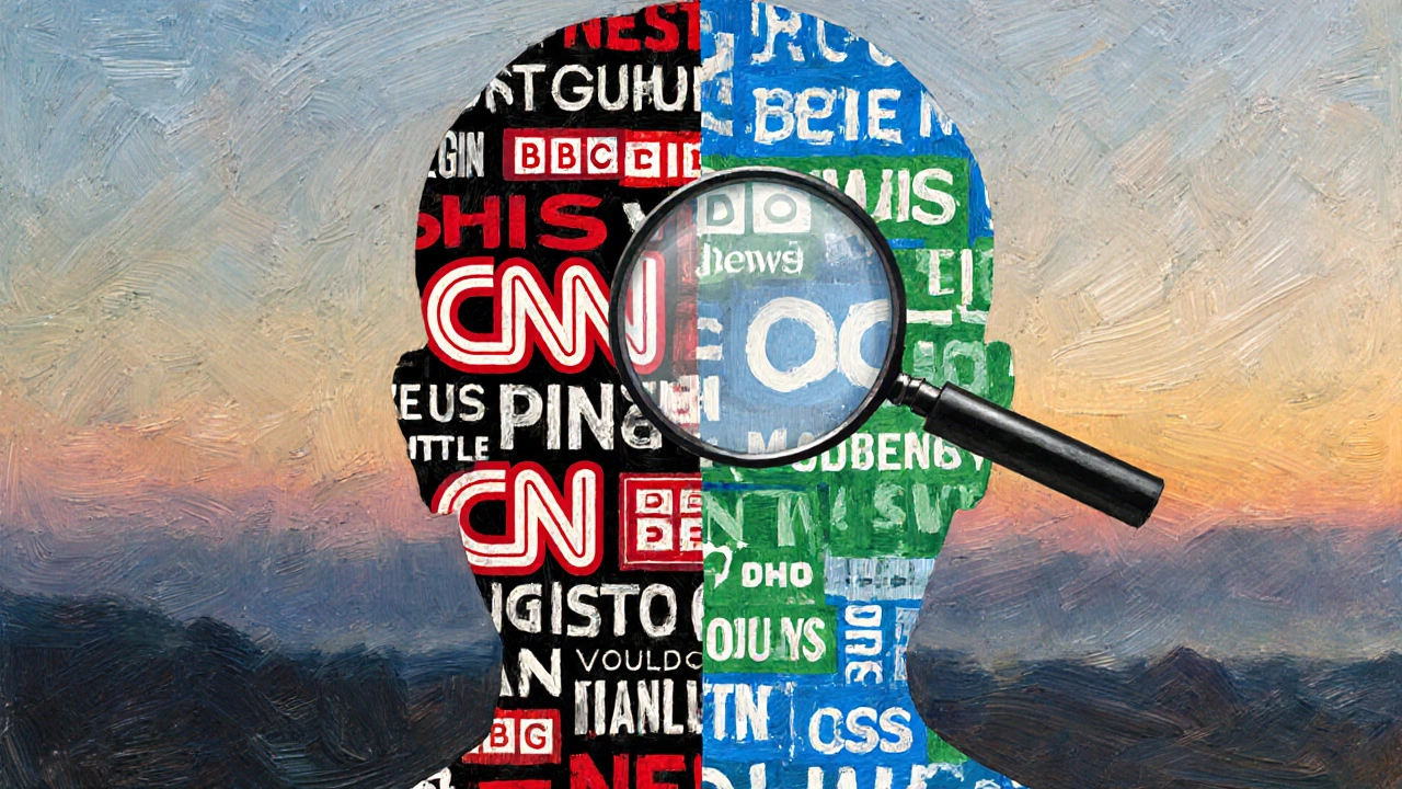 A mosaic face made of news sources, with CNN on one side and BBC/Reuters on the other, viewed through a magnifying glass.