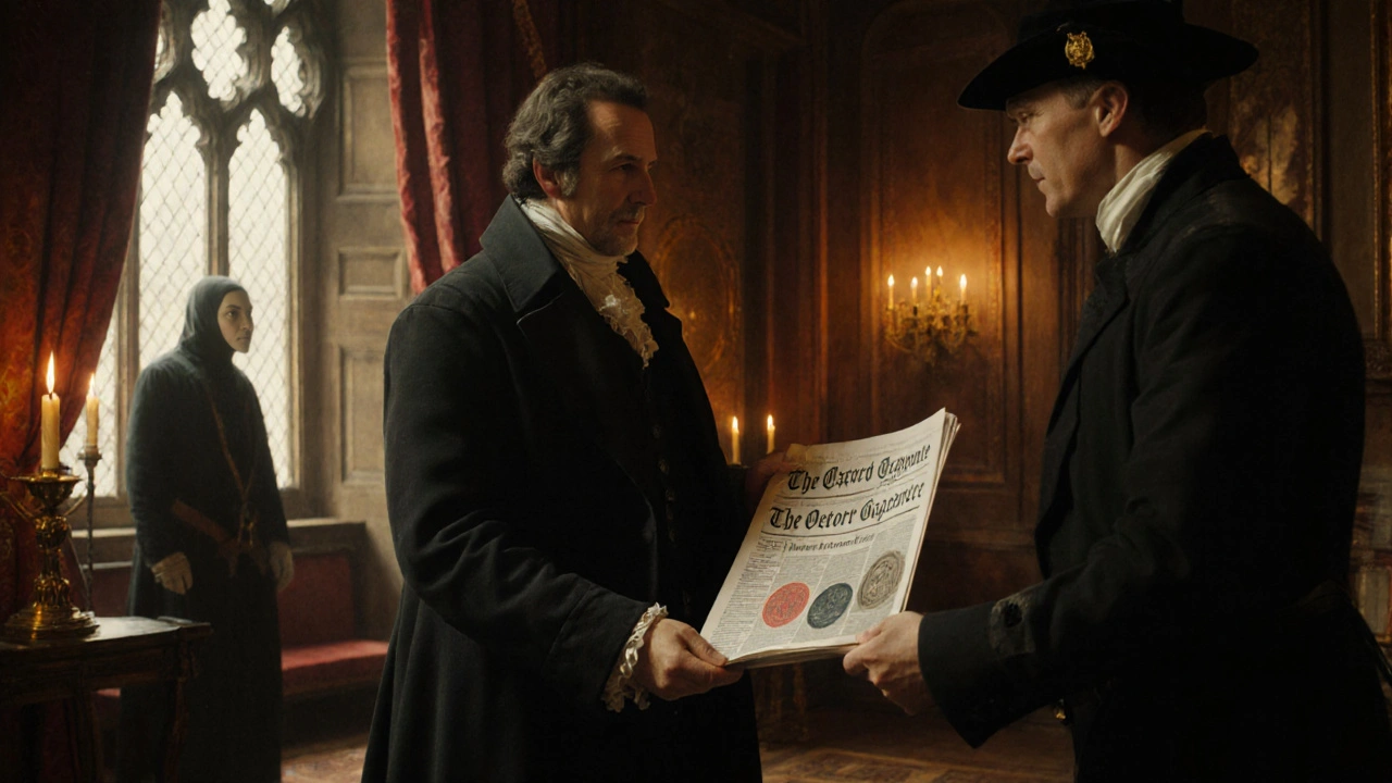 A royal messenger receiving the first issue of The Oxford Gazette in 17th-century Oxford.