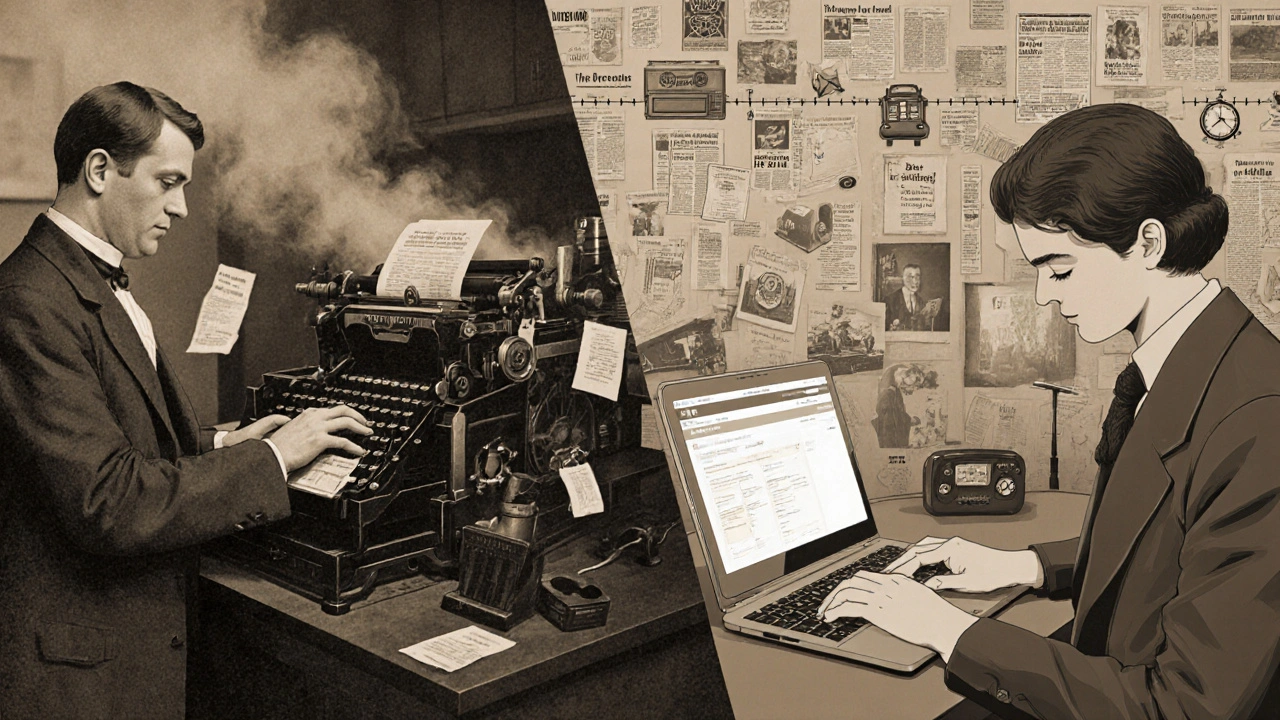 A split image showing 19th-century typesetters and a modern remote journalist, symbolizing the Courant’s evolution.