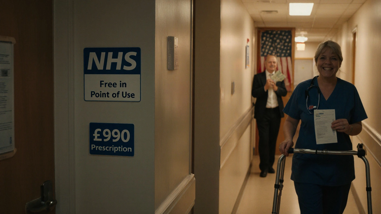 A UK hospital hallway with a patient holding a low-cost prescription as an American visitor looks on with a high bill.