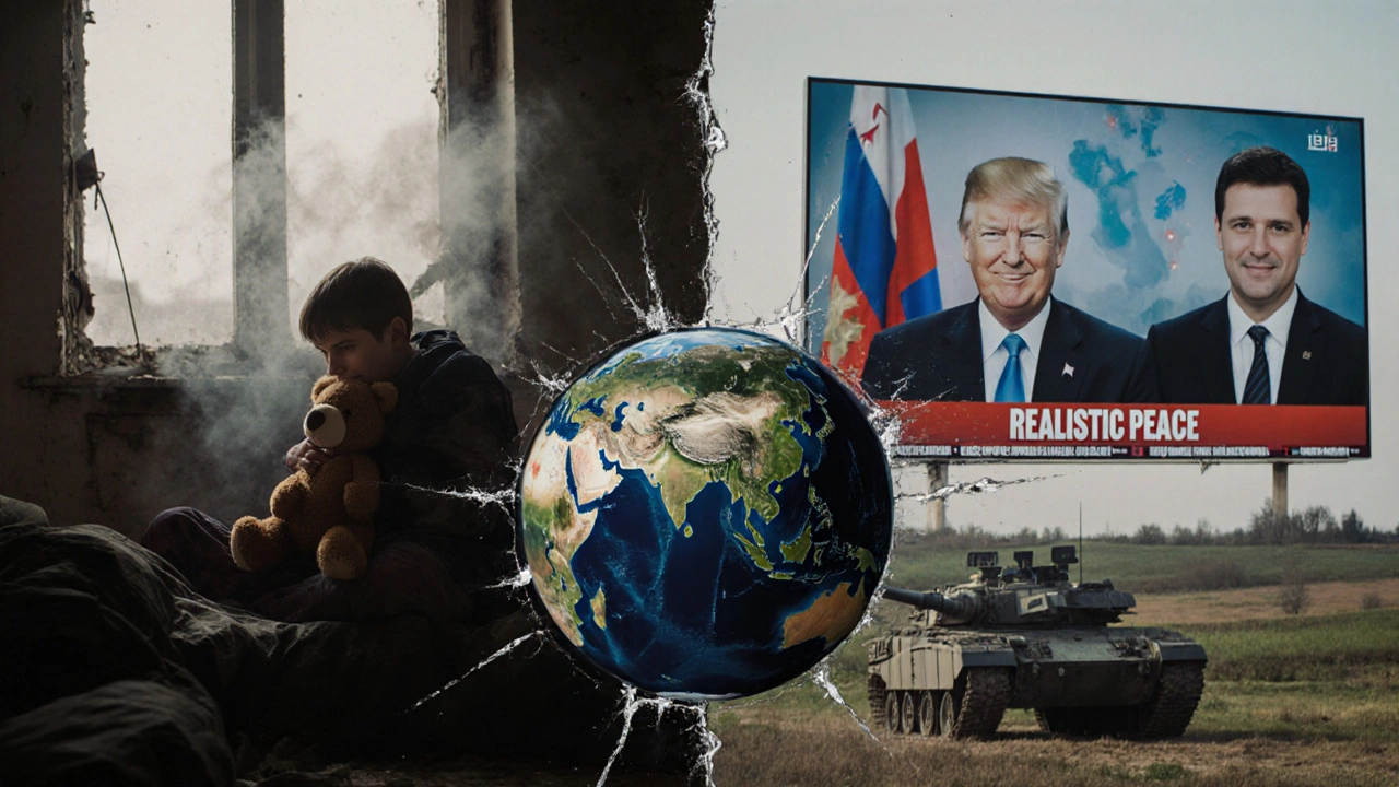 A Ukrainian family in ruins beside a Russian propaganda screen showing a false peace narrative.