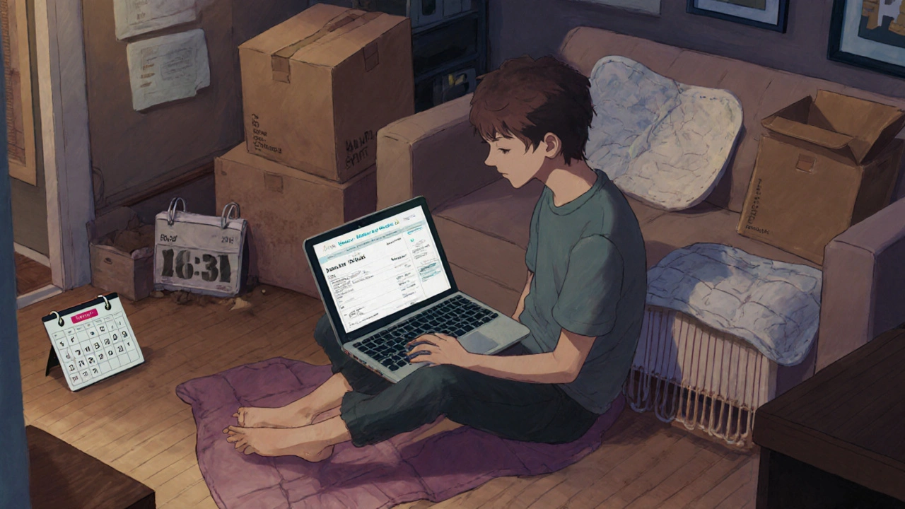 A young person sitting on the floor of a small London apartment, surrounded by bills and work materials.