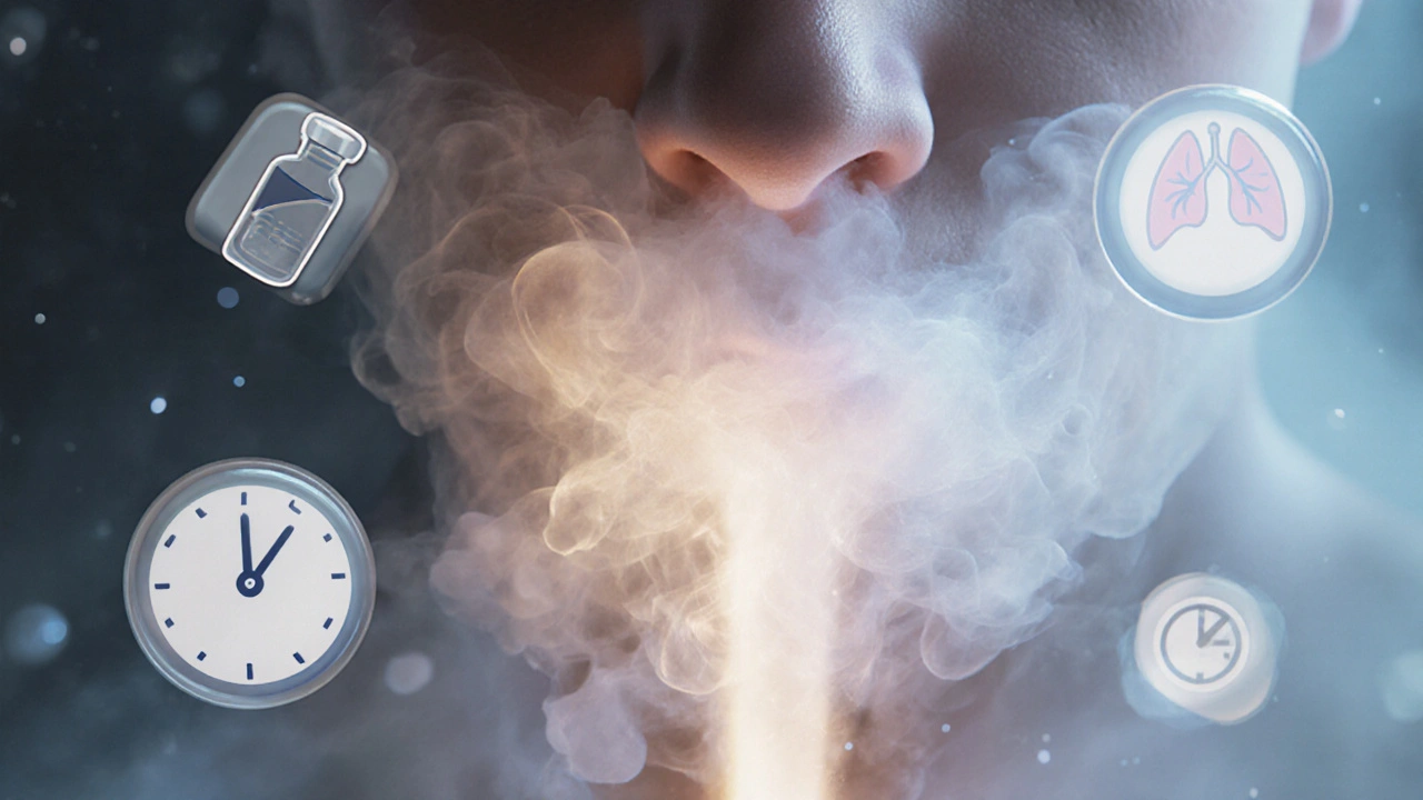 Abstract fog-like viruses clinging to throat and nose with vaccine and fatigue symbols.