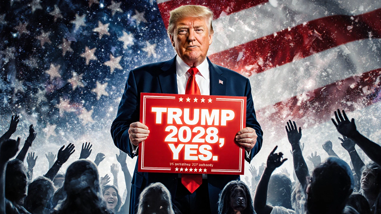 AI-generated image of Trump holding a red campaign sign amid a digital crowd of distorted faces.