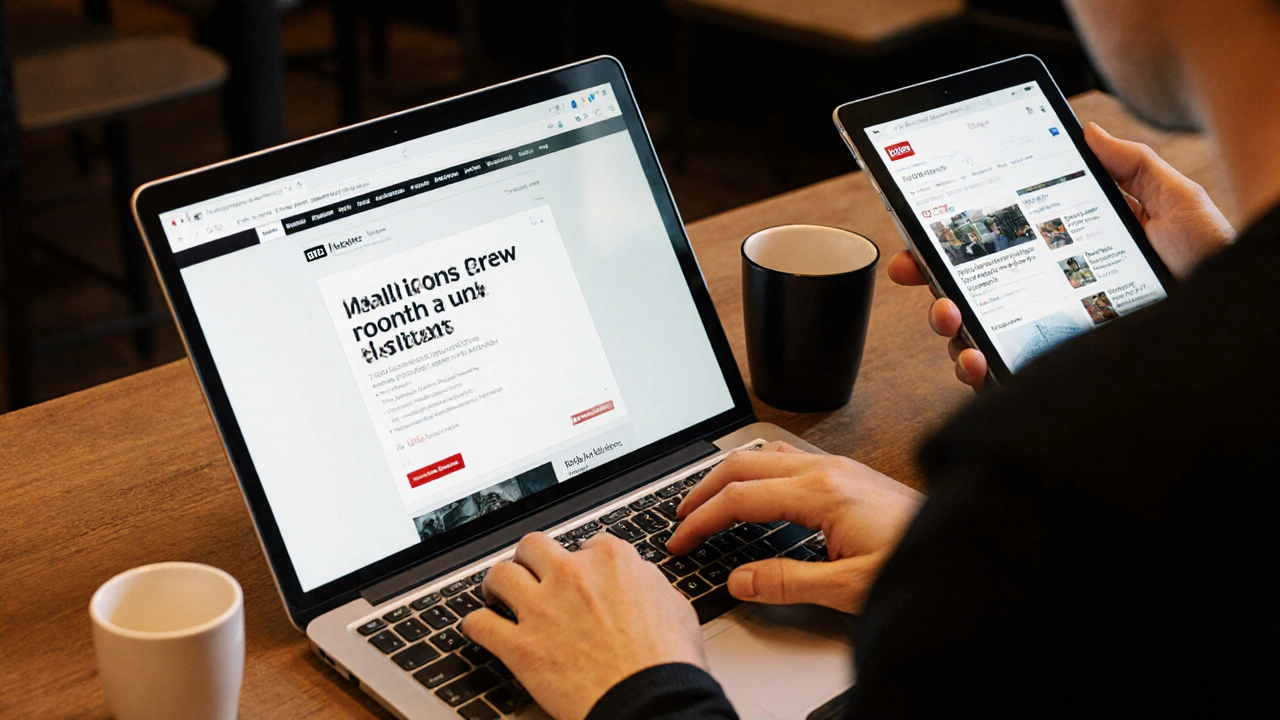 American user confronted with BBC paywall while UK user accesses ad-free news on separate device.