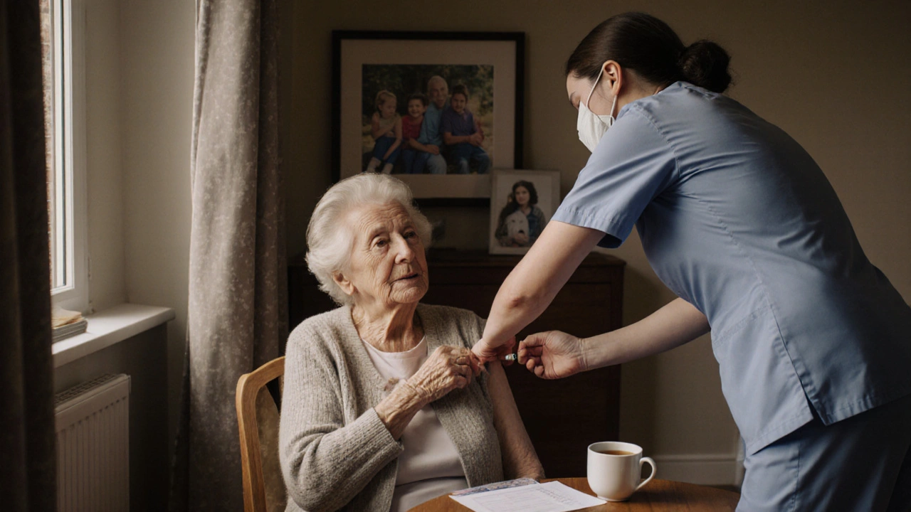 An elderly woman receiving a COVID vaccine in her living room, with a cup of tea and family photo nearby.