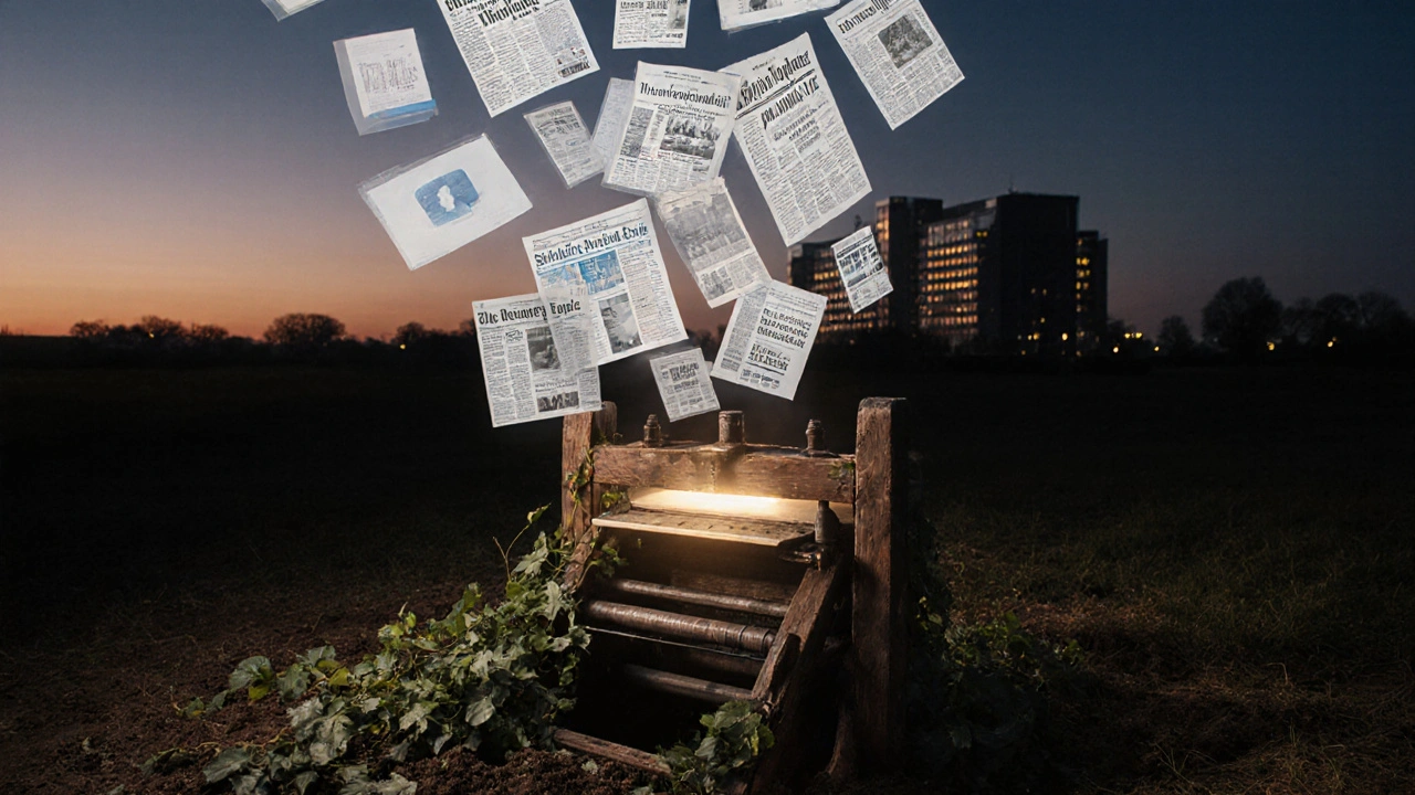 An old printing press half-buried in nature, surrounded by floating digital news layers representing its enduring legacy.