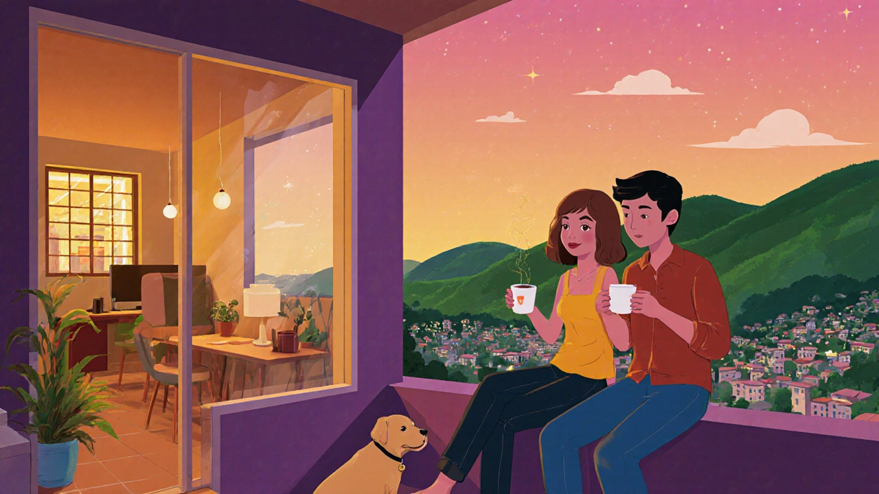 Couple enjoying coffee on a balcony in Medellín with city lights and hills